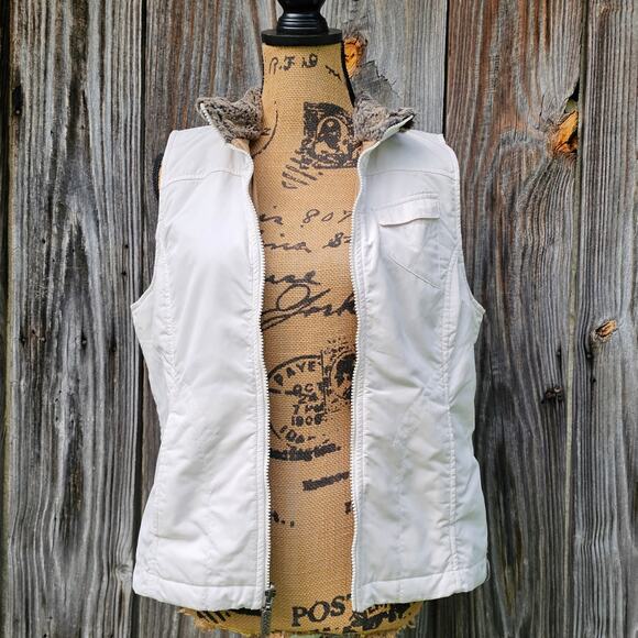 Fur Trim Vest Columbia Quiet Canyon Size M Med White Tan Zip Front Reversible - Picture 2 of 13